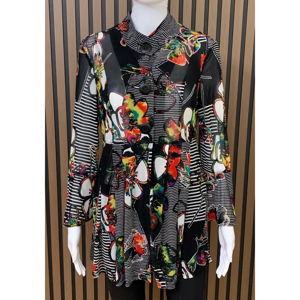Ali Miles Women's Floral Lagenlook Art Button Front Tunic Top S Black Multicolor